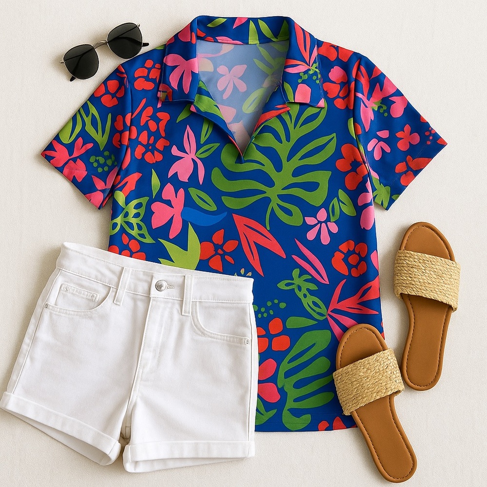 Katherine Way Tropical Print Scuba Top 2X Golf Resortwear Travel Shirt Blue Pink